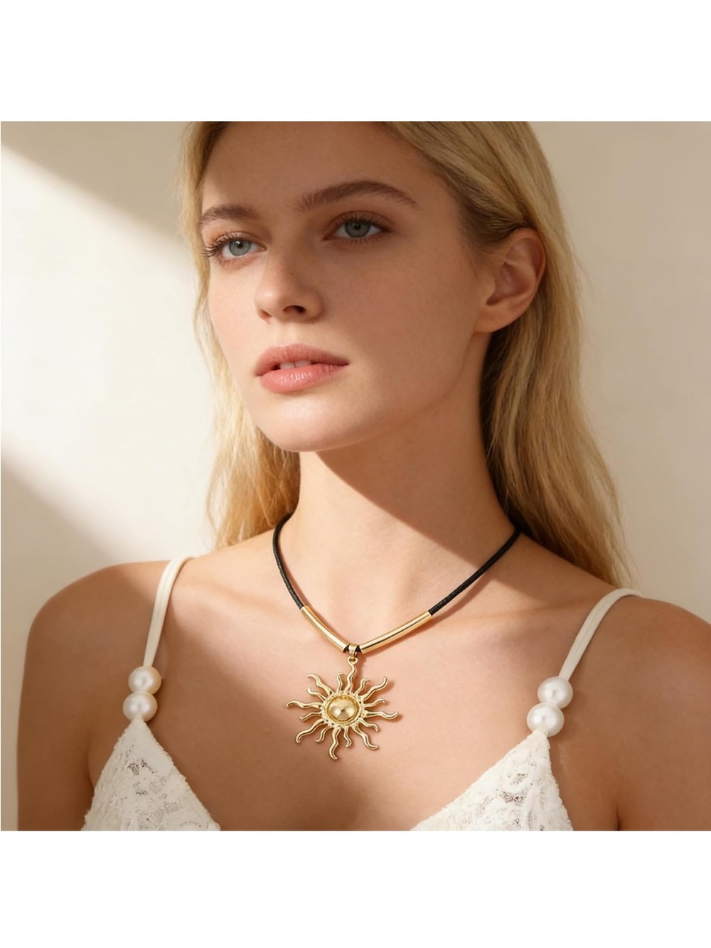 Vintage Sun Pendant Necklace for Women, Black Leather Cord with Gold